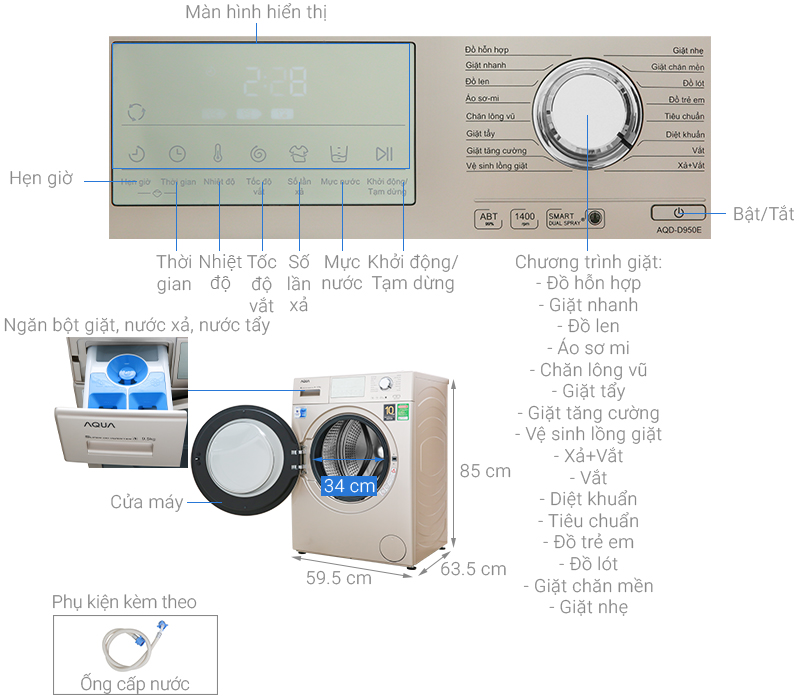 Thông số kỹ thuật Máy giặt Aqua Inverter 9.5 kg AQD-D950E N