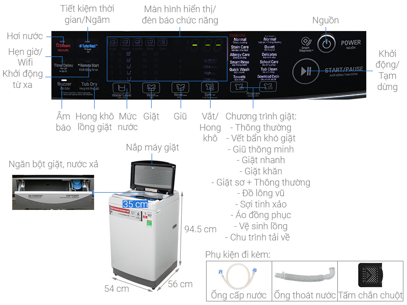 Thông số kỹ thuật Máy giặt LG Inverter 11 kg TH2111SSAL
