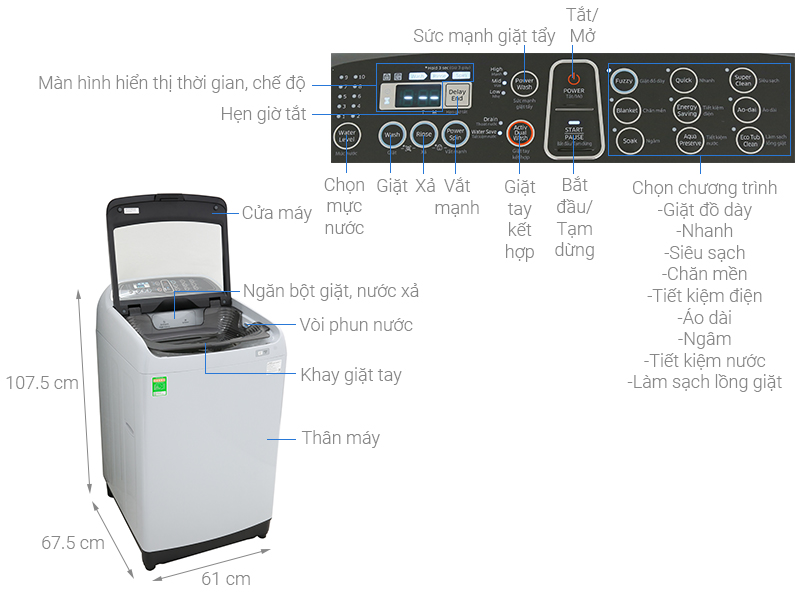 Thông số kỹ thuật Máy giặt Samsung Inverter 10.5 kg WA10J5750SG/SV