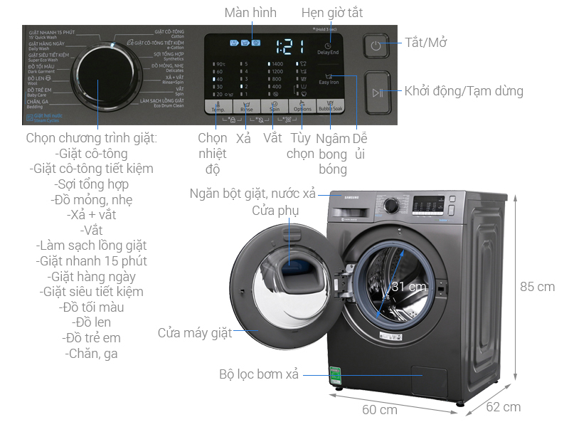 Thông số kỹ thuật Máy giặt Samsung AddWash Inverter 8.5 kg WW85K54E0UX/SV